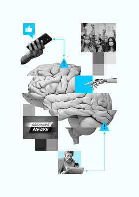 Illustrasjon av hjernen koblet til teknologi og informasjonsspredning