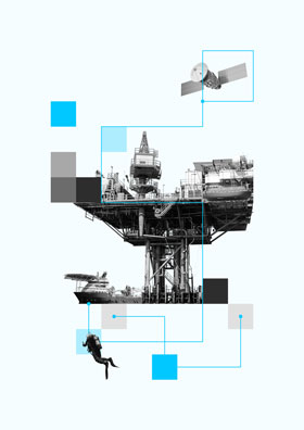 Illustrasjon av oljeplattform, dykker, satellitt og digitale forbindelser