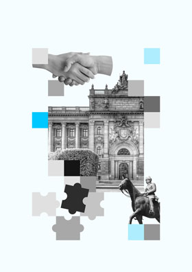 Håndtrykk, bygning og rytter med puslespill-motiver